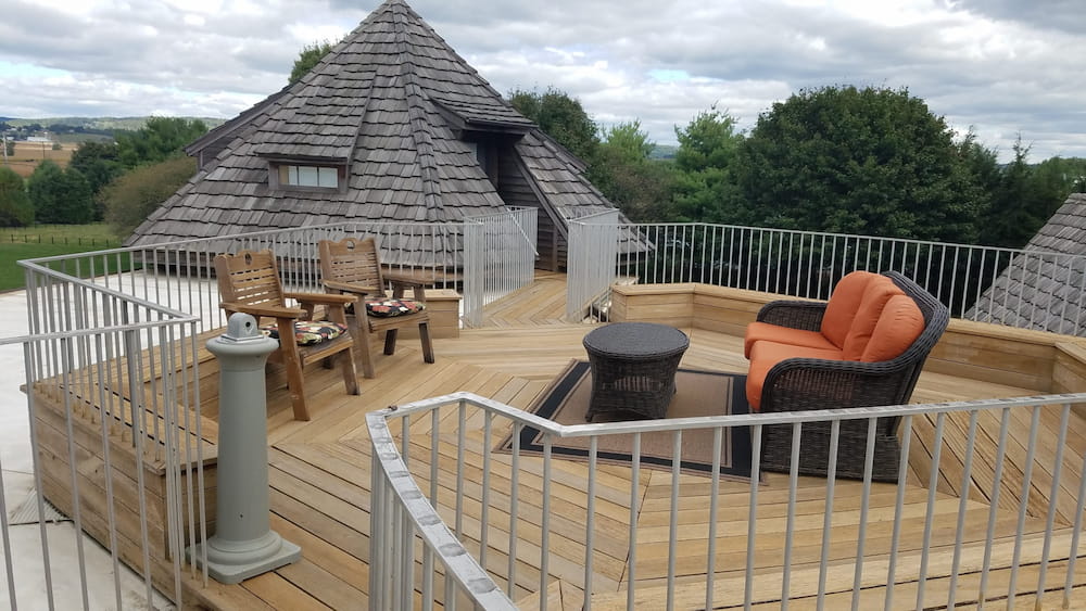 The Tower Suite's rooftop deck, providing a serene view of Lancaster, PA for couples looking to rent an anniversary or honeymoon suite.