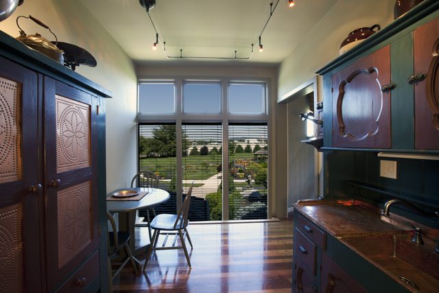 A beautiful view of the Manor Gardens from the Tower Suite's kitchen area, a scenic view for newlyweds and couples celebrating anniversaries to look out.